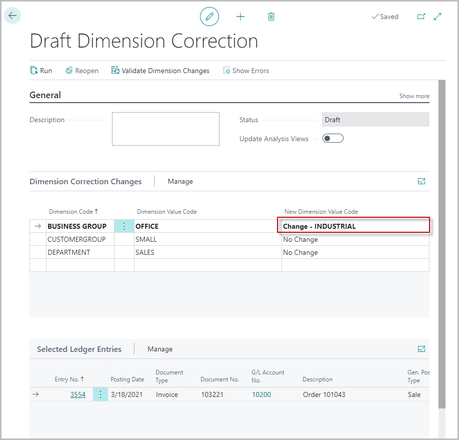 draft dimension correction business central